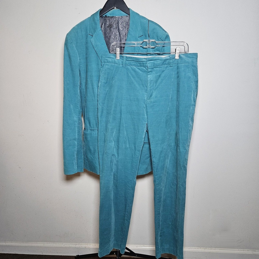 Mr Turk Mens Corduroy Suit Turquoise Blue 42L Stretch Cotton 2 Piece Set USA